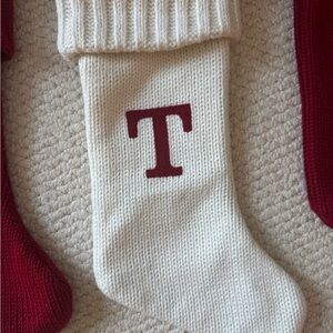 White Knit Christmas Stocking with Red  T Initial